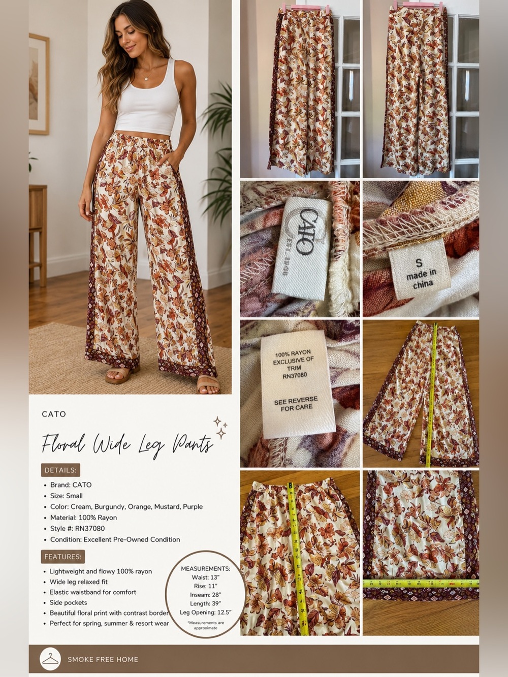 CATO Floral Wide Leg Pants — Cream Floral
